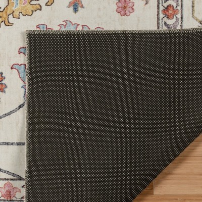 Ivory and Blue Synthetic Washable 5' x 7' Area Rug