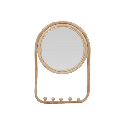Storied Home Round Rattan Framed Wall Mirror with 5 Hooks, Natural