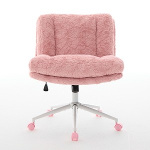 Gulches Pink Faux Fur Double Cushion Wide Seat Adjustable Swivel Office Chair Set of 1 Metal Base Vanity Desk Chair Ergonomic Task Chair - 1 of 4