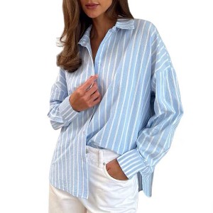 Womens Striped Button Down Shirt Casual Long Sleeve Blouse Top - 1 of 4