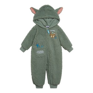 Star Wars The Mandalorian Grogu Cozy Faux Sherling Zip Up Cosplay Coverall Newborn to Infant - 1 of 4