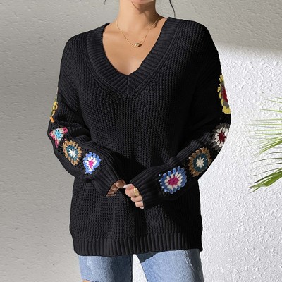 Women's Sweater V-Neck Pullover Colorful Floral Embroidery Long Sleeves Knit Top