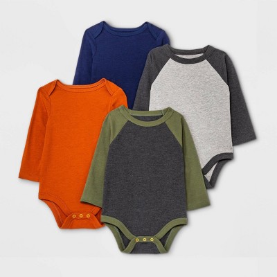Image of Baby Boys' 4pk Long Sleeve Bodysuit - Cat & Jack™ Olive Green/Navy/Orange 0-3M