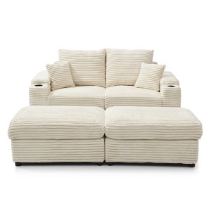 VYNXARIA Loveseat with Ottomans,Corduroy Fabric Modular Sectional Sofa,Comfy Deep Plush Couch with Ottomans and Two Pillows,Cream - 1 of 4