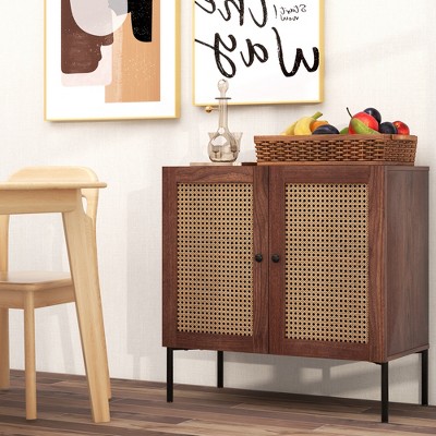 Walnut Rattan Buffet Sideboard Cabinet with Adjustable Shelf