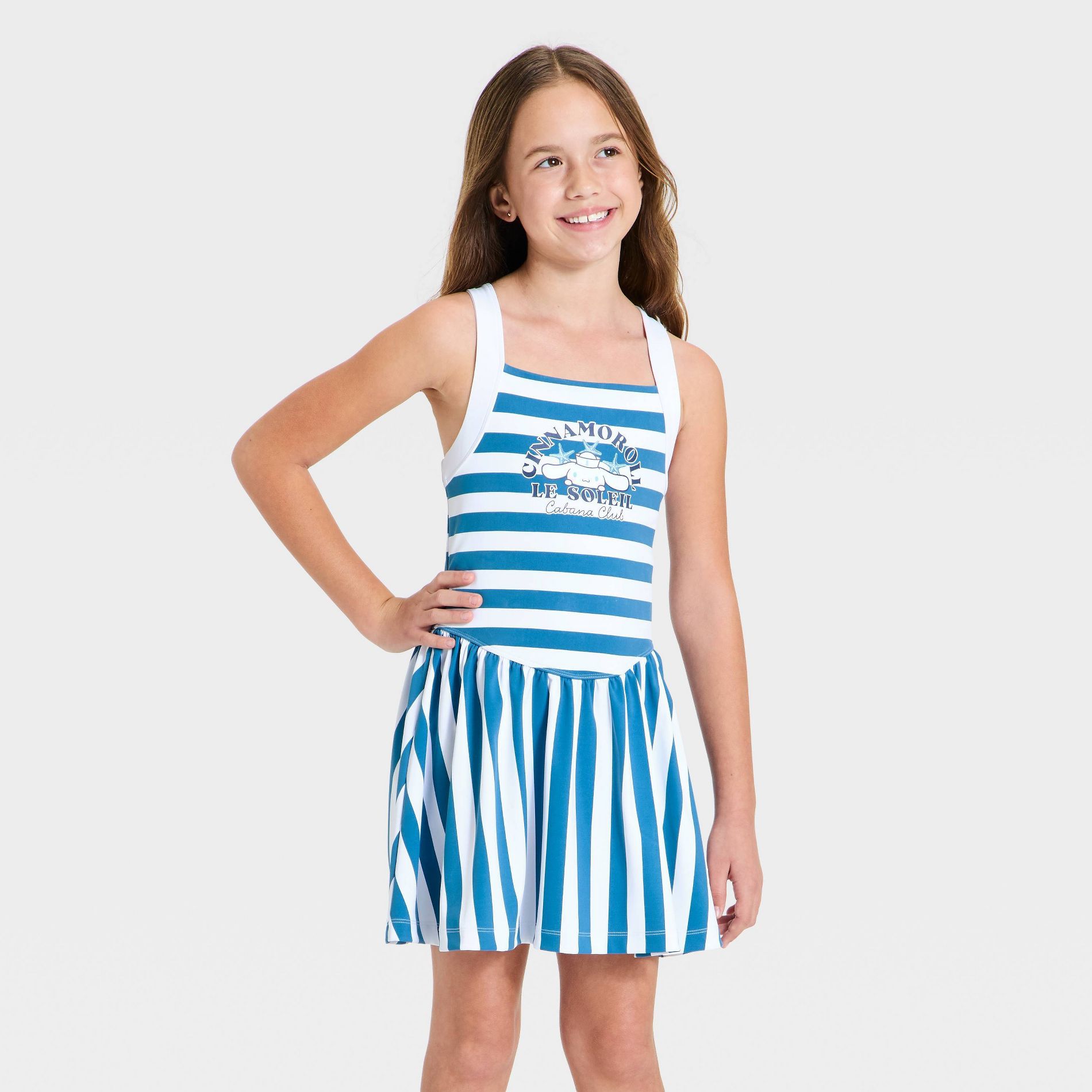Girls' Sanrio Cinnamoroll Cabana Club Striped Athletic Dress - Blue/White