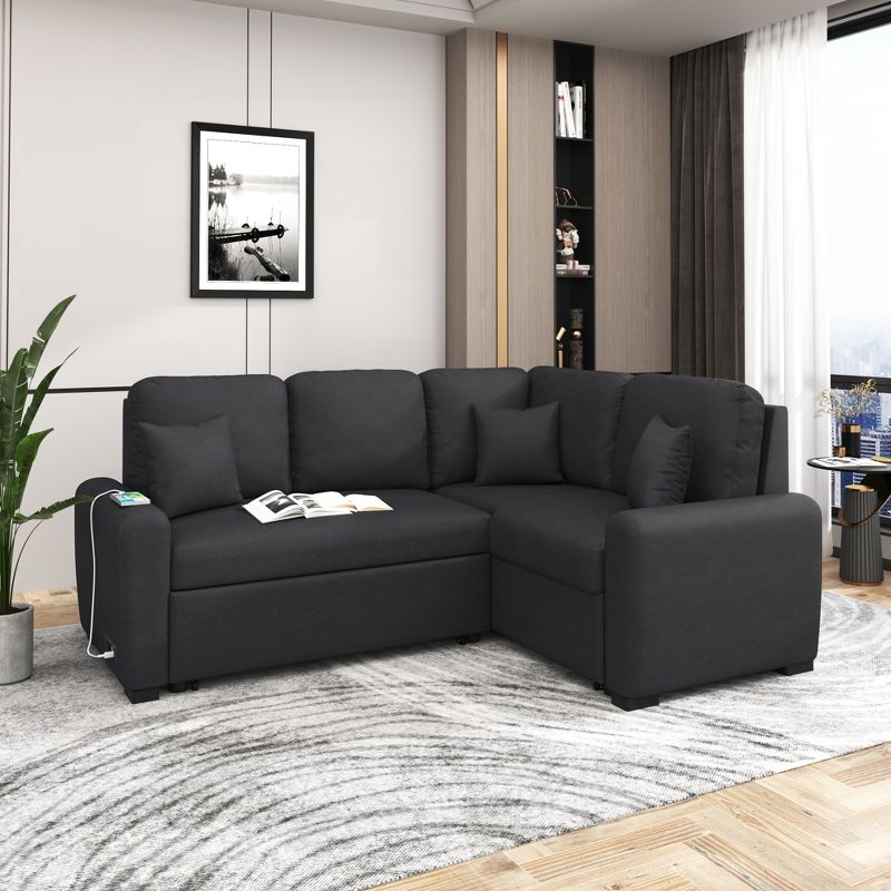 87.4" L Shaped Sectional Sofa Bed with USB Charging Ports and Plugs, Pull-Out Sofa Bed with 3 Pillows - ModernLuxe, 1 of 14