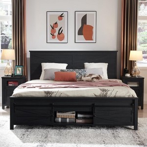 Queen Size Storage Beds with Headboards & Sliding Door Storage Cabinets, Farmhouse Wood Bed with Solid Wood Slats Support, Noiseless - 1 of 4