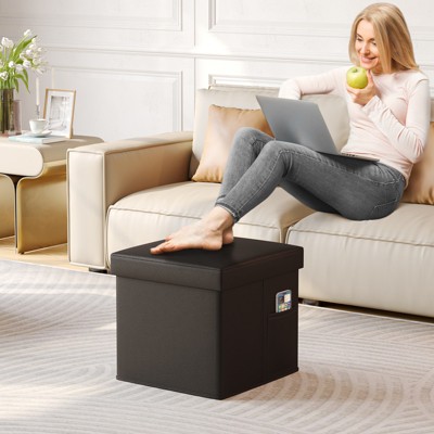 Pinmoco 15" Collapsible Storage Ottoman, Faux Leather Cube Organizer Makeup Stool Foot Rest with Side Pocket for Living Room