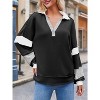 Imily Bela Womens Color Block  Oversized Polo Shirt V Neck Long Sleeve Casual Pullover Top - 2 of 4