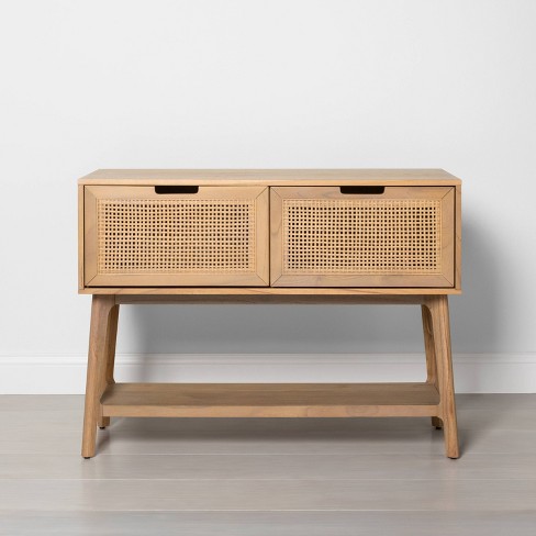Wood Cane Console Table With Pull