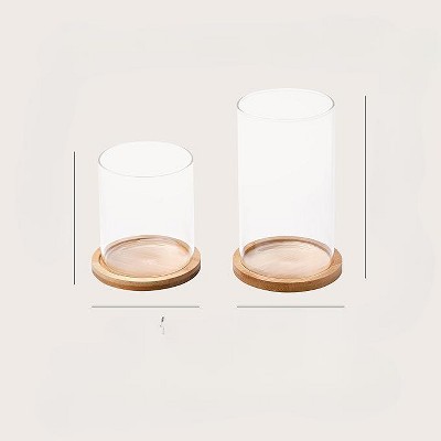 White Glass Hurricane Candle Holders with Wooden Base, Set of 2