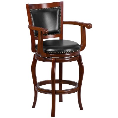 Flash Furniture 30'' High Cherry Wood Barstool with Arms, Panel Back and Black LeatherSoft Swivel Seat