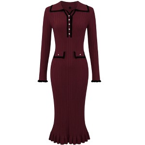 INSPIRE CHIC Women's Long Sleeve Contrast Trim Ruffled Fall Winter Ribbed Knit Bodycon Sweater Dress Burgundy Large