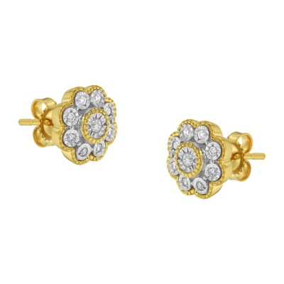 14K Yellow Gold Plated Silver 1/6 Cttw Diamond Floral Stud Earrings