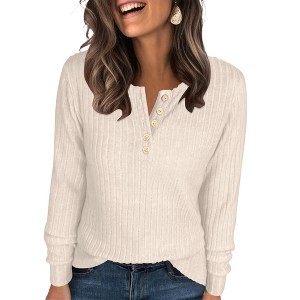 Women's Long Sleeve Henley Tunic Top Lightweight Fall Button Down Sweater Business Casual Blouse - 1 of 4