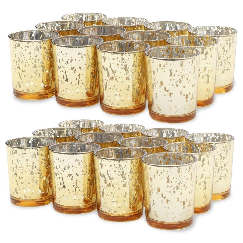 Juvale Set of 24 Round Decorative Mercury Glass Cylinder Votive Tealight Candle Holder, Gold 2.2"x2.2"x2.6", 1 of 6