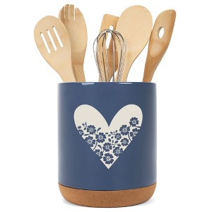 Elanze Designs Floral Heart Flowers Arrangement Ceramic Cork Bottom Navy Blue Large Capacity Utensil Holder Crock for Countertop Storage, Stylish & - 1 of 4