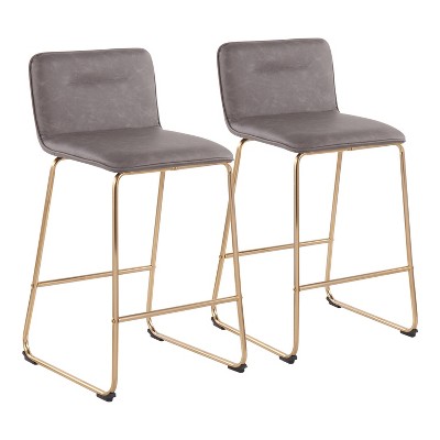 Gold Metal and Gray Faux Leather Counter Stools, Set of 2