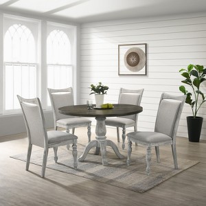 Roundhill Furniture Iris Dining Set, Round Pedestal Table with 4 Chairs, Weathered White and Gray, 5-Piece - 1 of 4
