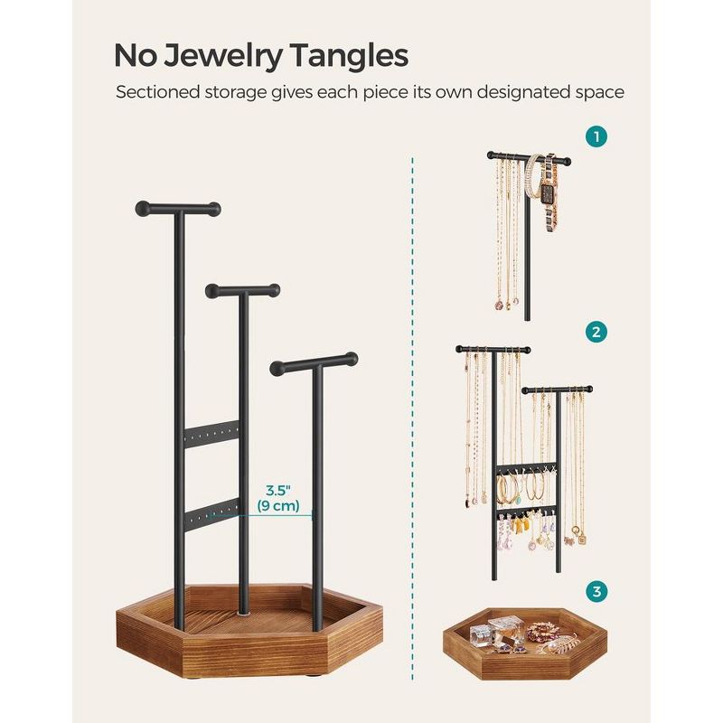 SONGMICS Jewelry Holder Jewelry Organizer 4 Independent Zones Jewelry Display Stand Necklace Earring Bracelet Holder Black and Caramel Brown, 4 of 8