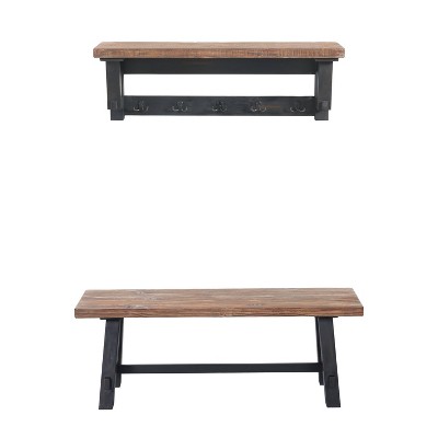 42" Black Solid Wood Hall Tree with Shelf and Bench