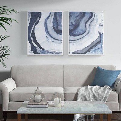 Ethereal Blue Abstract Canvas Wall Art Set with White Frame