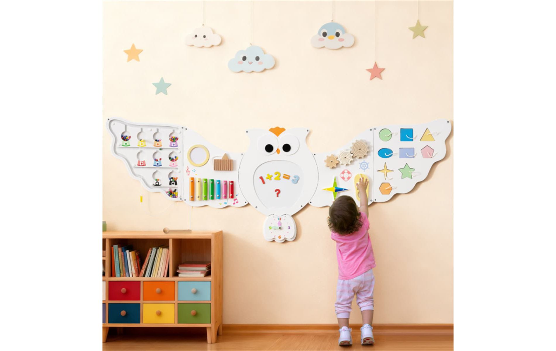 Angel Sar 11-in-1 Montessori Owl Activity Wall, STEM Sensory Busy Board with Magnetic Whiteboard, Wooden Educational Toy for Toddlers 3+ Years Old