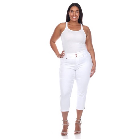 Women's Casual Plain Regular White Capris Plus Size Leggings 3XL (18)