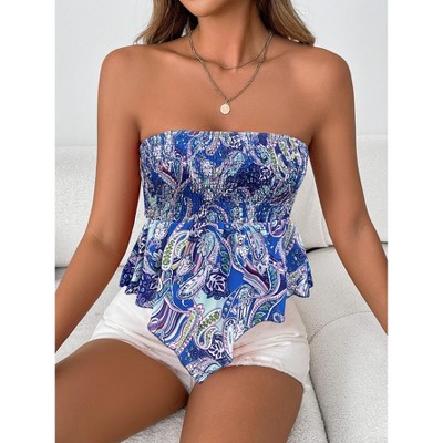 Women's Frill Shirred Ruffle Hem Strapless Tube Top Sleeveless Pleated Peplum Bandeau Blouse