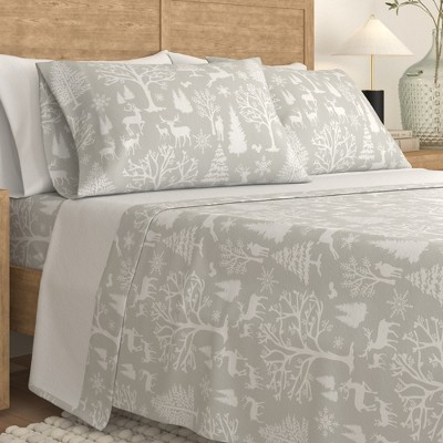 Queen Grey Cotton Flannel Sheet Set with Enchanted Woods Print
