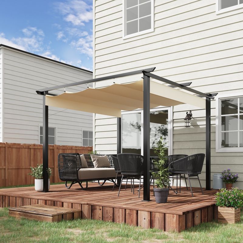 Outsunny 10' x 10' Retractable Pergola Canopy Patio Gazebo Sun Shelter with Aluminum Frame for Outdoors, Cream White, 2 of 7