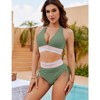 Women  Embroidered Cuff 2 Piece Bikini Sets V Neck Tummy Control High Waisted Swimsuits Bathing Suit with Side Tie Ruched Swimsuit Bottom - 3 of 4