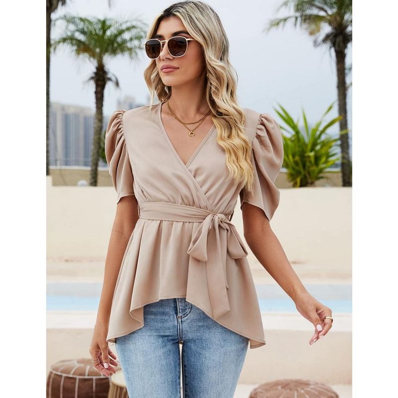 Peplum Tops for Women Dressy Sexy Deep V Neck Belted Tie Blouses Empire Waist Wrap Blouse Short Puff Sleeve, 1 of 8