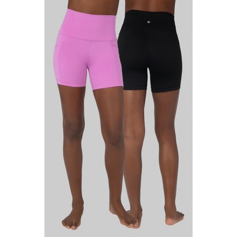 Yogalicious Womens 2 Pack Lux Tribeca Elastic Free High Waist 5 Short and  Lux Everyday Elastic Free High Waist 5 Short - First Bloom/Black - X Large