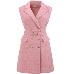 INSPIRE CHIC Women's Sleeveless Tweed Collared Belted Button Down Work Blazer Dress - 1 of 4