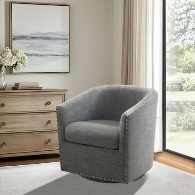 Elegant Gray Barrel Swivel Lounge Chair with Silver Nailheads