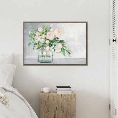 Blushing Spring Bouquet Acrylic Landscape Canvas with Distressed Greywash Frame