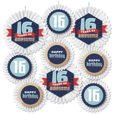 Big Dot of Happiness Boy 16th Birthday - Hanging Sweet Sixteen Birthday Party Tissue Decoration Kit - Paper Fans - Set of 9