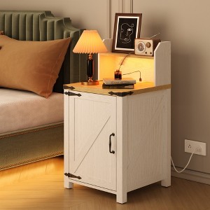 MOEPISY Nightstand with Charging Station, 18 Inch Farmhouse End Table with Barn Door and Adjustable Storage Shelf - 1 of 4