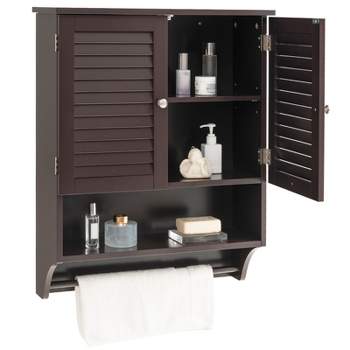Tangkula Wall Mounted Bathroom Cabinet with Open Shelf & Towel Bar Medicine Cabinet with Double Louvered Doors White/Grey/ Espresso/Black