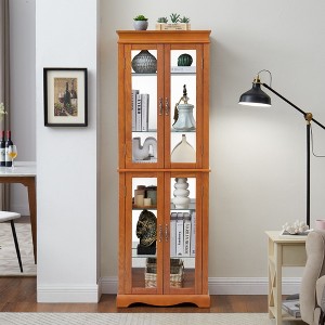 VYNXARIA Lighted Glass Curio Display Cabinet - Elegant Wood Frame for Collectibles, OAK - 1 of 4