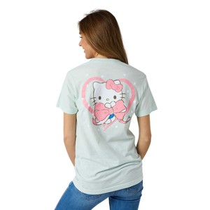 Hello Kitty Puff Print Character With Bow & Heart Women's Light Green Crew Neck Short Sleeve T-shirt - 1 of 4