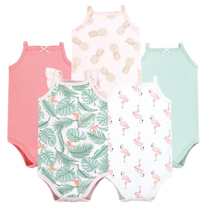 Hudson Baby Infant Girl Cotton Sleeveless Bodysuits, Palm Flamingo, 1 of 8