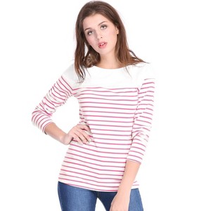 INSPIRE CHIC Women's Color Block Round Neck Long Sleeves Striped Basic T-Shirt - 1 of 4