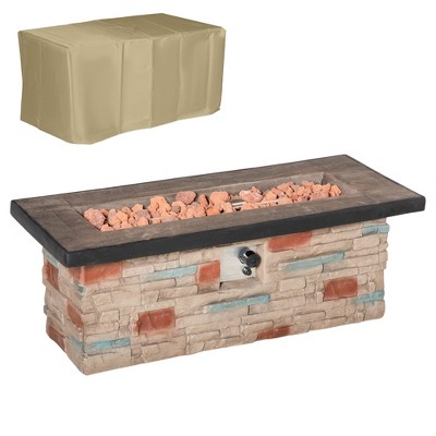 Outsunny Outdoor Propane Fire Pit Table Faux Brown Ledge Stone 48-inch Rectangle Fire Table, 50,000BTU Auto Ignition Gas Firepits 