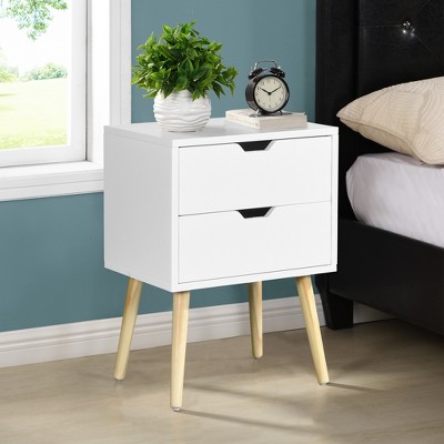 DOMETOUR Side Table with 2 Drawer and Rubber Wood Legs, Mid-Century Modern Storage Cabinet for Bedroom Living Room Furniture, White