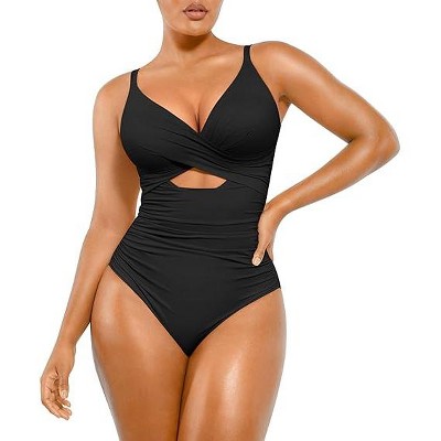 SHAPELLX Tummy Control Swimsuits Women V Neck One Piece Bathing Suit Ruched Push Up Slimming Swimwear Built-in Bra—Black 38
