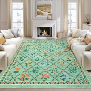 Washable Area Rugs Floral Print Floor Cover, Stain-Resistant Farmhouse Accent Carpet - 1 of 4