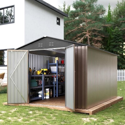 Polar Aurora 8x12 FT Outdoor Metal Storage Shed – Gray, Lockable, A-Frame Roof
